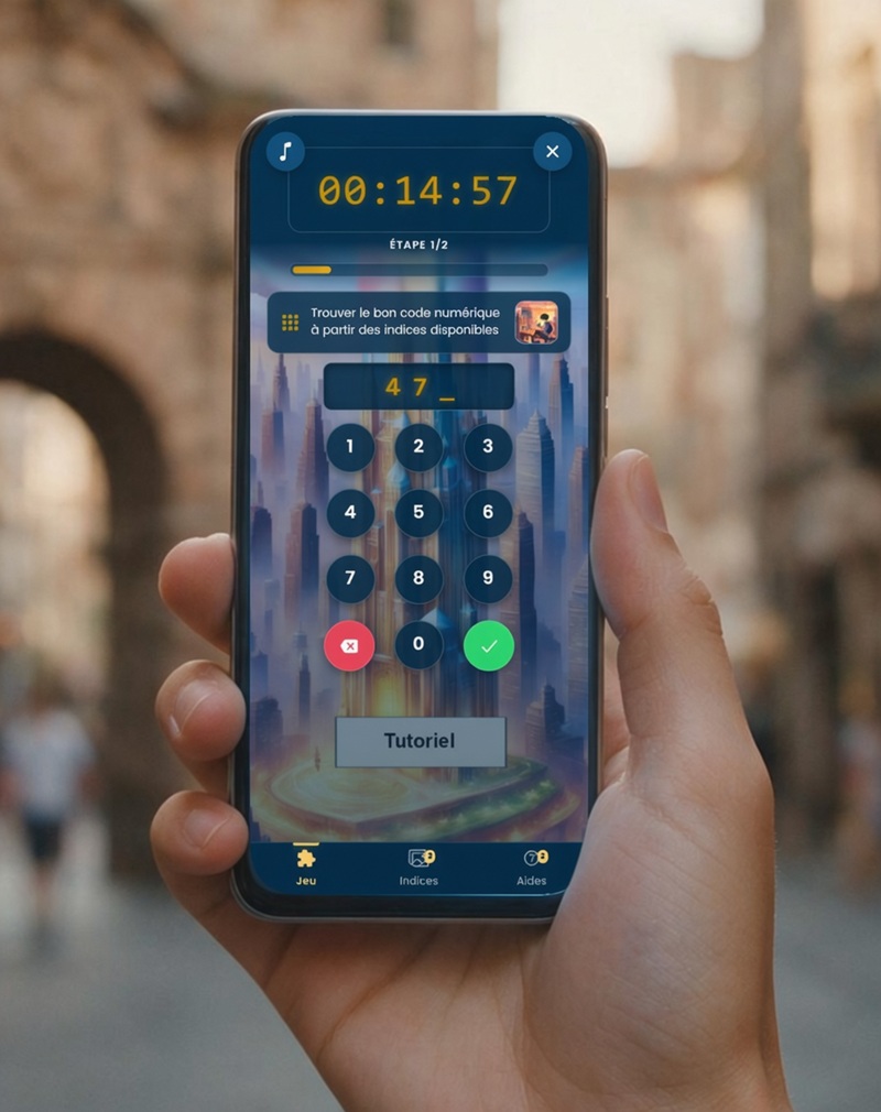 Une main tient un téléphone dans une rue ancienne : à l'écran, le chronomètre d'une partie en cours, la consigne de l'étape et le pavé de saisie du code.