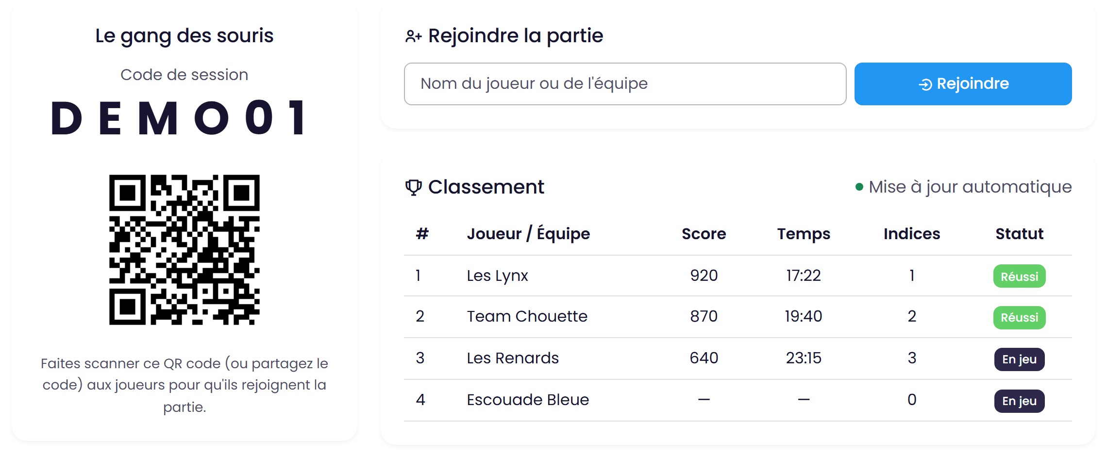 Capture d'écran du salon d'attente d'une session avec son QR code et la liste des joueurs
