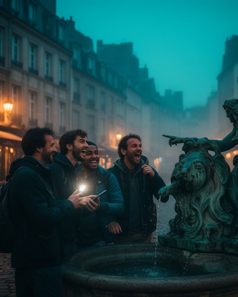 Quatre amis rient autour d'une fontaine sur une place ancienne, à la tombée du jour. L'un tient son téléphone, la statue de la fontaine pointe du doigt la piste suivante.